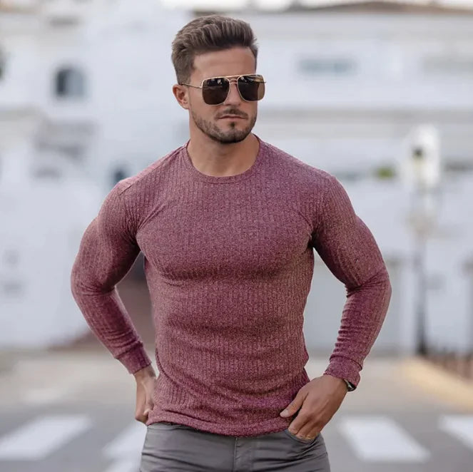 Men’s Slim Fit Long-Sleeve Sports Fitness Casual Knit Shirt