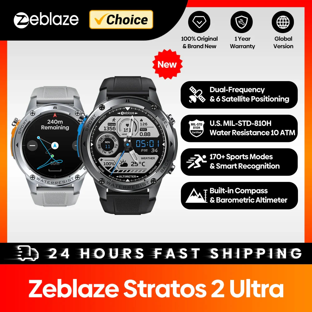 New Zeblaze Stratos 2 Ultra GPS Smart Watch Built-in Compass Barometric Altimeter Dual-band GNSS Voice Calling Smartwatch 10 ATM