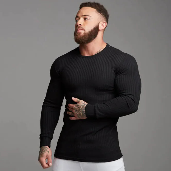 Men’s Slim Fit Long-Sleeve Sports Fitness Casual Knit Shirt