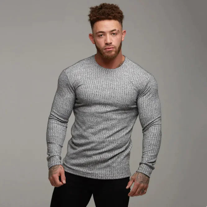 Men’s Slim Fit Long-Sleeve Sports Fitness Casual Knit Shirt